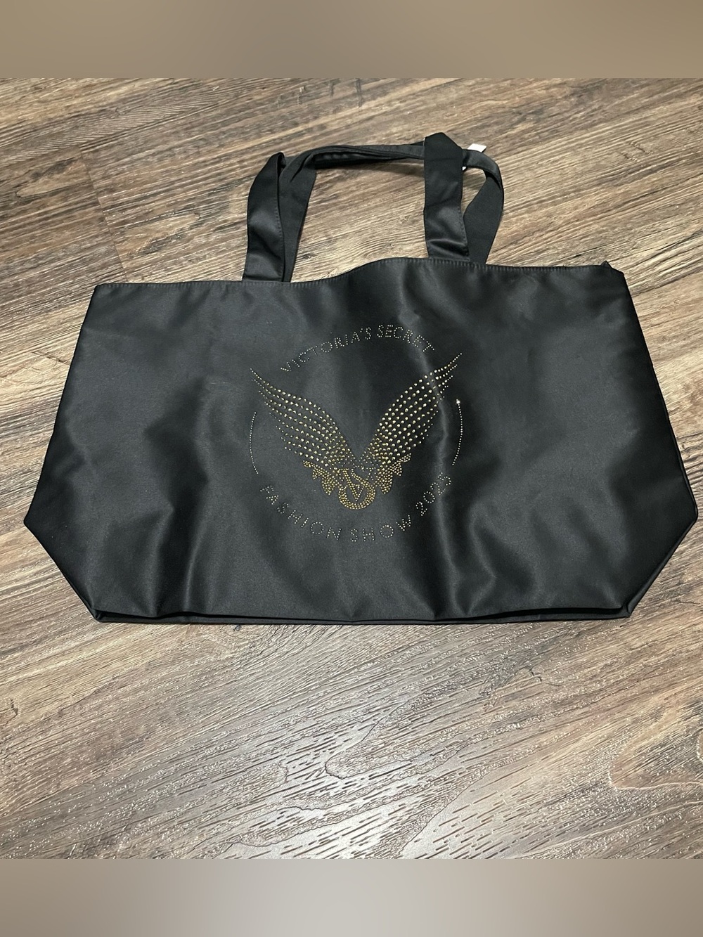 Victoria Secret Nylon Rhinestone Wing Large Tote Bag Black Double Straps New